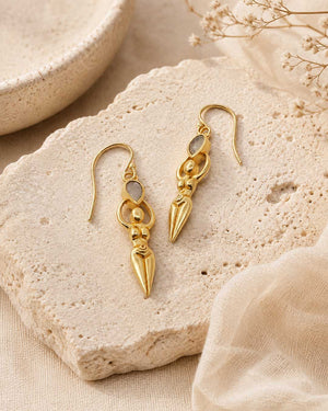 Sacred Feminine Goddess Earrings with Moonstone — Gold - Plated Brass - Earrings