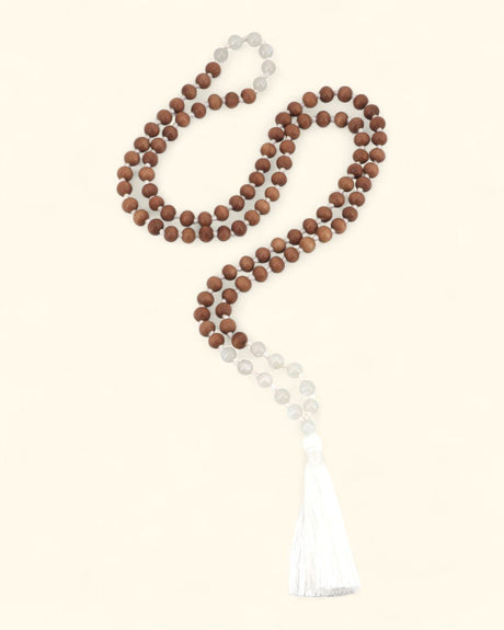 Sandalwood and White Moonstone 108 Beads Meditation Mala, Knotted - 