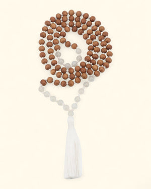 Sandalwood and White Moonstone 108 Beads Meditation Mala, Knotted - 