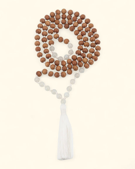 Sandalwood and White Moonstone 108 Beads Meditation Mala, Knotted - 