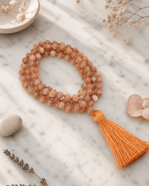 Serene Peach Moonstone Beads Meditation Knotted Mala - Prayer Beads 6mm