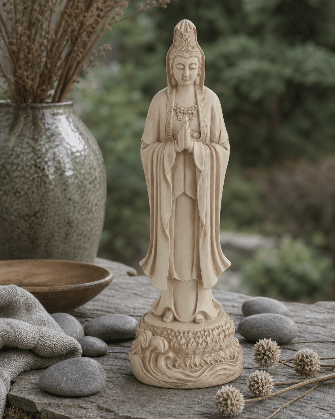 Serene Praying Kuan Yin Statue in Stone Finish - Statues