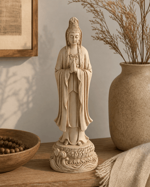 Serene Praying Kuan Yin Statue in Stone Finish - Statues