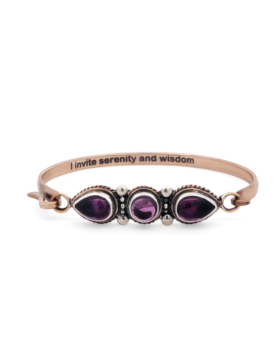 Serenity and Wisdom Cuff – Amethyst Trio Bracelet in Sterling Silver & Bronze - Bracelets