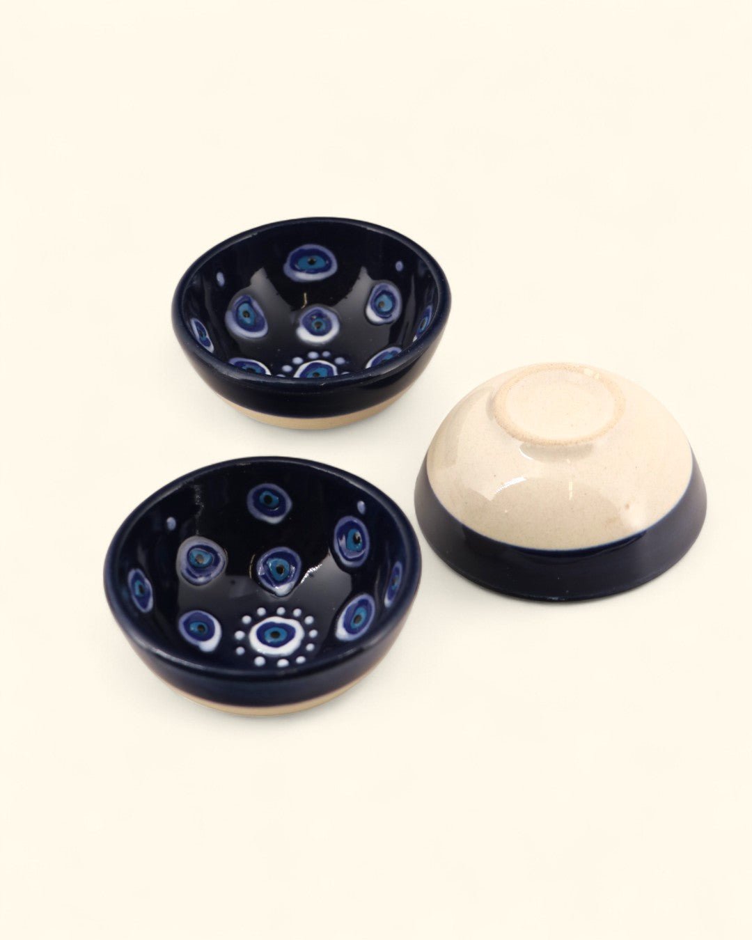 Set of 3 Blue Ceramic Evil Eye Mini Bowls - Decorative Bowls
