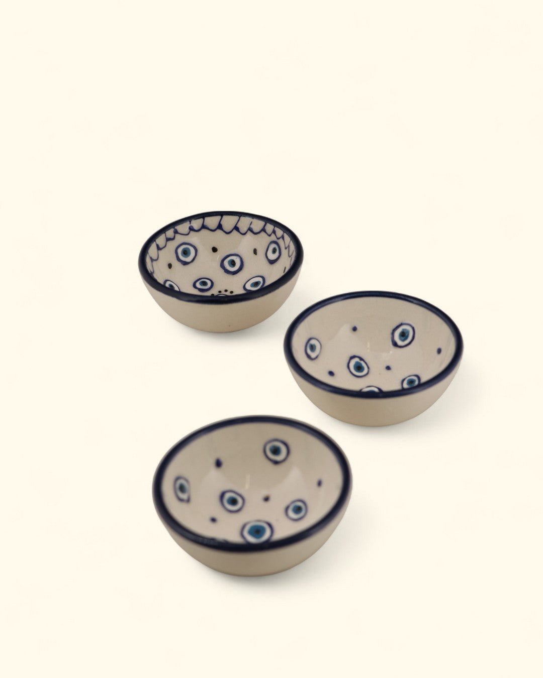 Set of 3 Ceramic Evil Eye Mini Bowls – Cream & Indigo - Decorative Bowls
