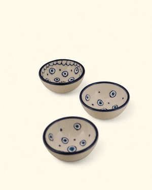 Set of 3 Ceramic Evil Eye Mini Bowls – Cream & Indigo - Decorative Bowls