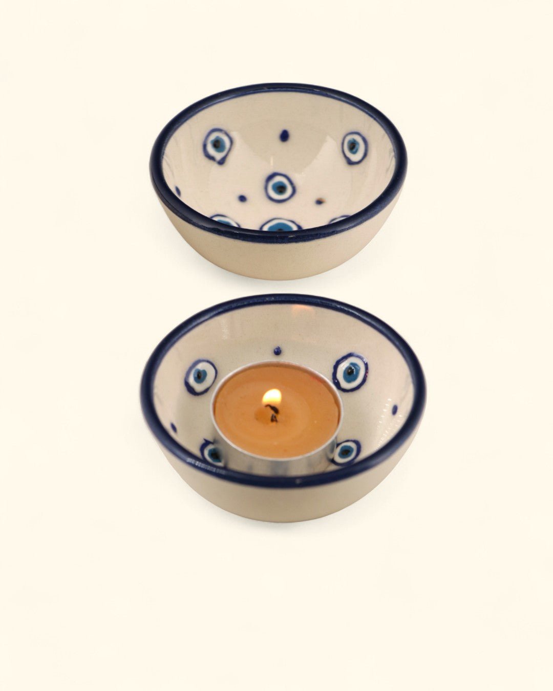 Set of 3 Ceramic Evil Eye Mini Bowls – Cream & Indigo - Decorative Bowls