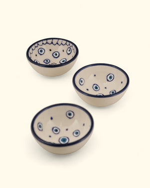 Set of 3 Ceramic Evil Eye Mini Bowls – Cream & Indigo - Decorative Bowls