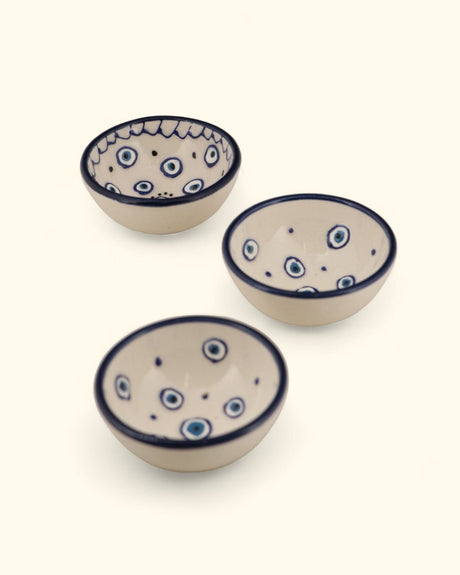 Set of 3 Ceramic Evil Eye Mini Bowls – Cream & Indigo - Decorative Bowls