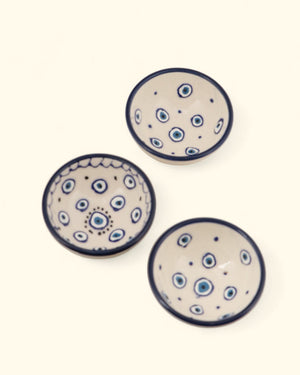 Set of 3 Ceramic Evil Eye Mini Bowls – Cream & Indigo - Decorative Bowls