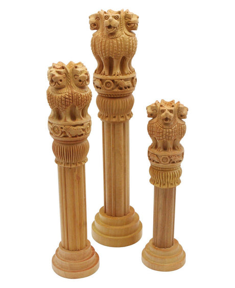 Set of 3 Hand Carved Ashoka Pillars Wood Sculptures - 