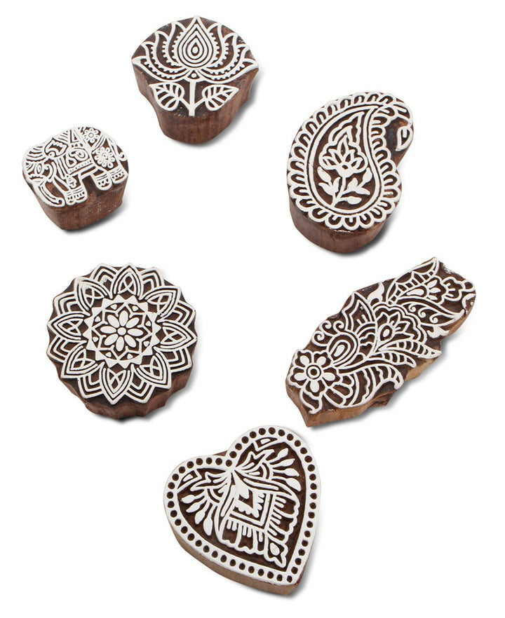 Set of 6 Hand - Carved Indian Wood Stamps - Stamp Blocks