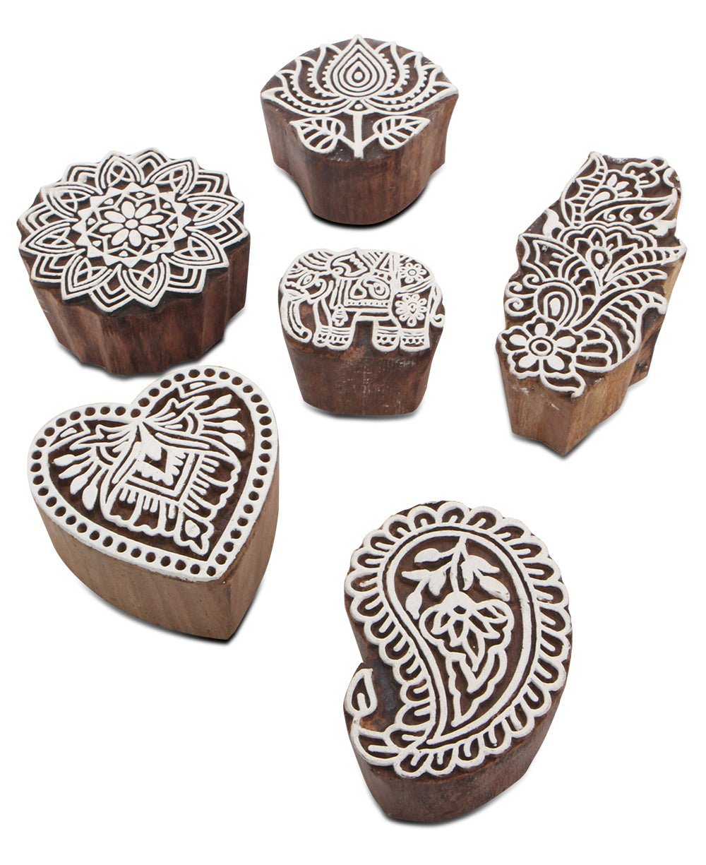 Set of 6 Hand - Carved Indian Wood Stamps - Stamp Blocks