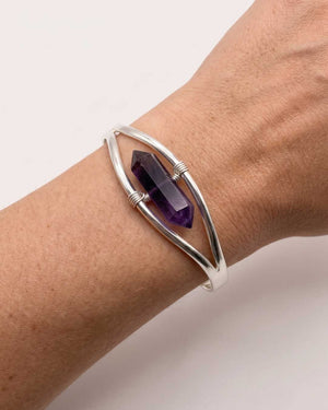 Silver Amethyst Point Cuff Bracelet — Adjustable Crystal Jewelry - Bracelets