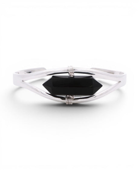 Silver Black Onyx Point Cuff Bracelet — Adjustable Crystal Jewelry - Bracelets