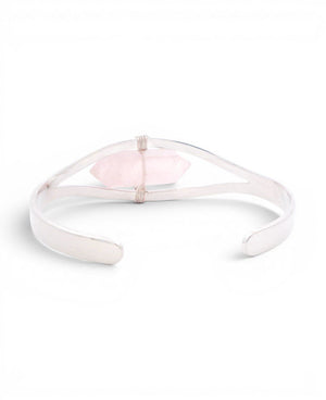 Silver Rose Quartz Point Cuff Bracelet — Adjustable Crystal Jewelry - Bracelets