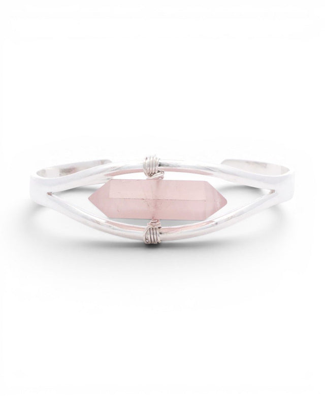 Silver Rose Quartz Point Cuff Bracelet — Adjustable Crystal Jewelry - Bracelets