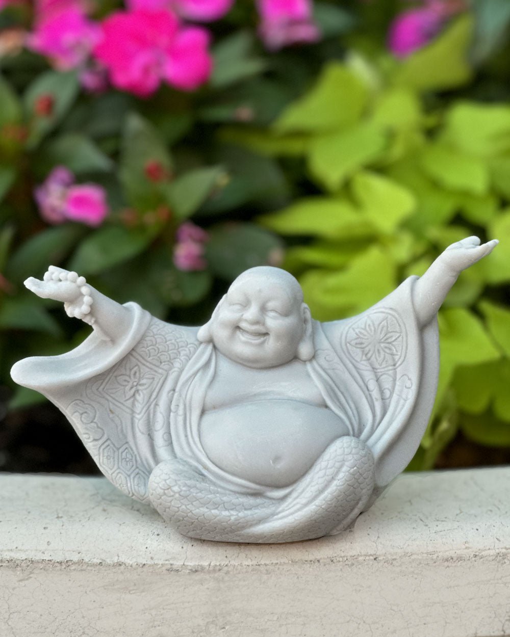 Soft Grey Welcoming Cheering Happy Buddha Statue - Sculptures & Statues