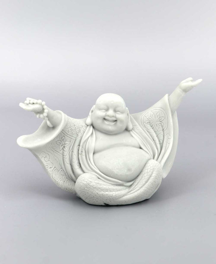 Soft Grey Welcoming Cheering Happy Buddha Statue - Sculptures & Statues