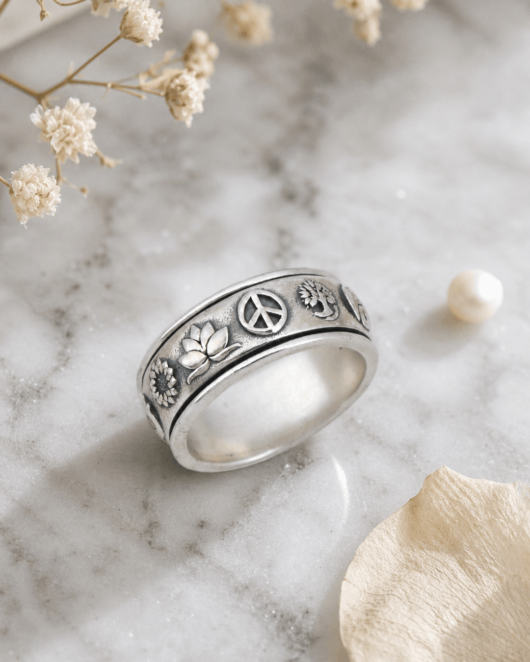 Soulful Symbols Spinner Ring – Sterling Silver Rotating Meditation Band - Rings Size 6