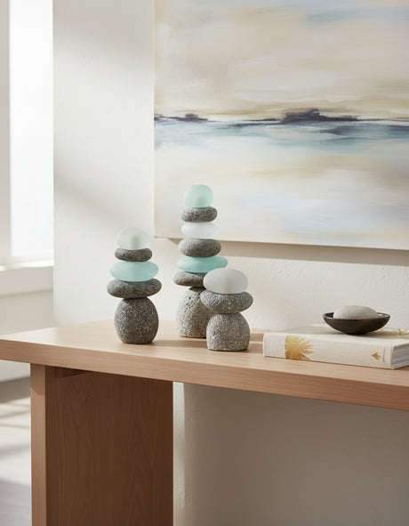 Two stacked stone cairns with sea glass displayed on a light wood console table with a coastal painting in the background