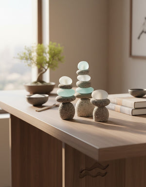 Stacked stone cairns with sea glass on a wooden desk beside a bonsai tree, small bowls, and stacked books in warm light