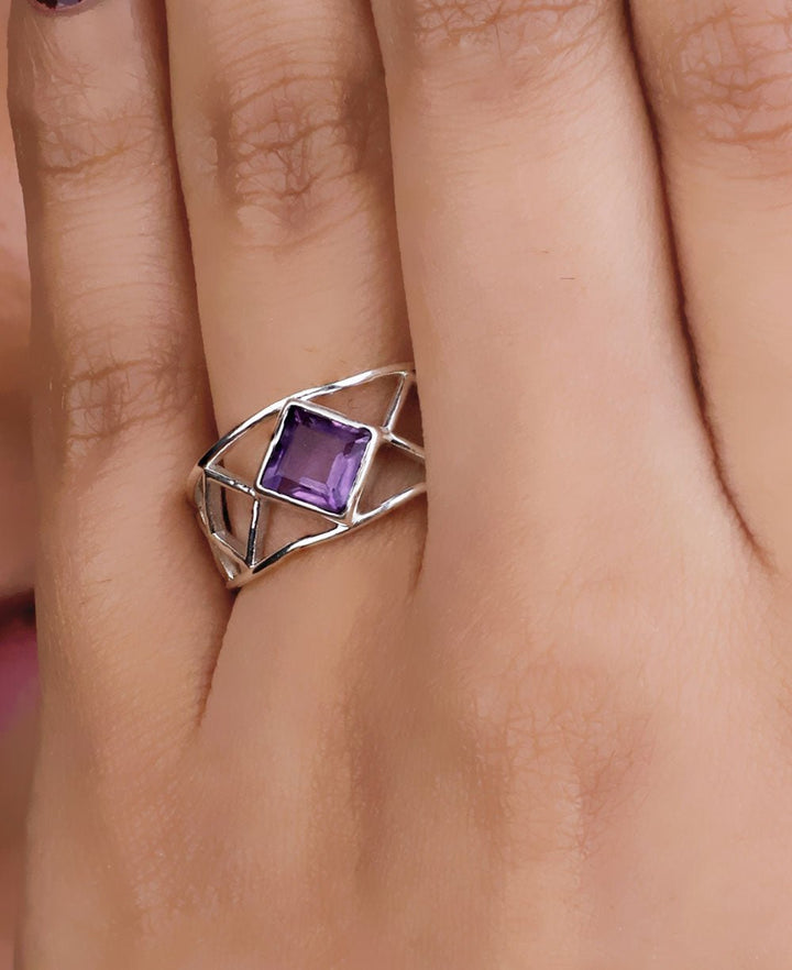 Sterling Silver Amethyst Lattice Band Ring - Rings 6