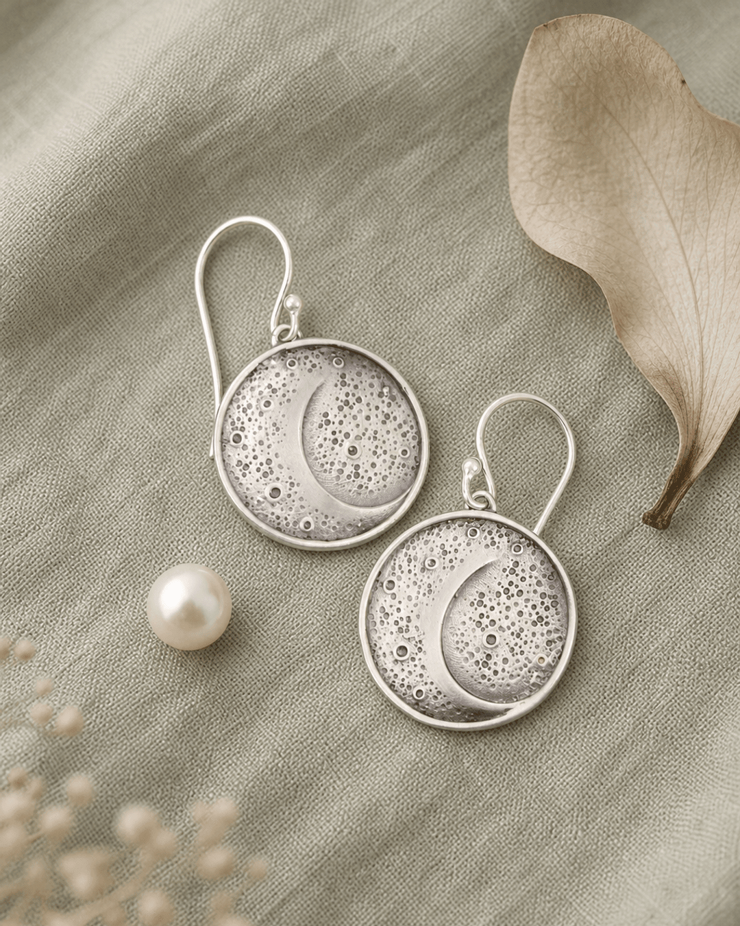 Sterling Silver Artistic Moon Earrings – Textured Celestial Disc Design - Earrings
