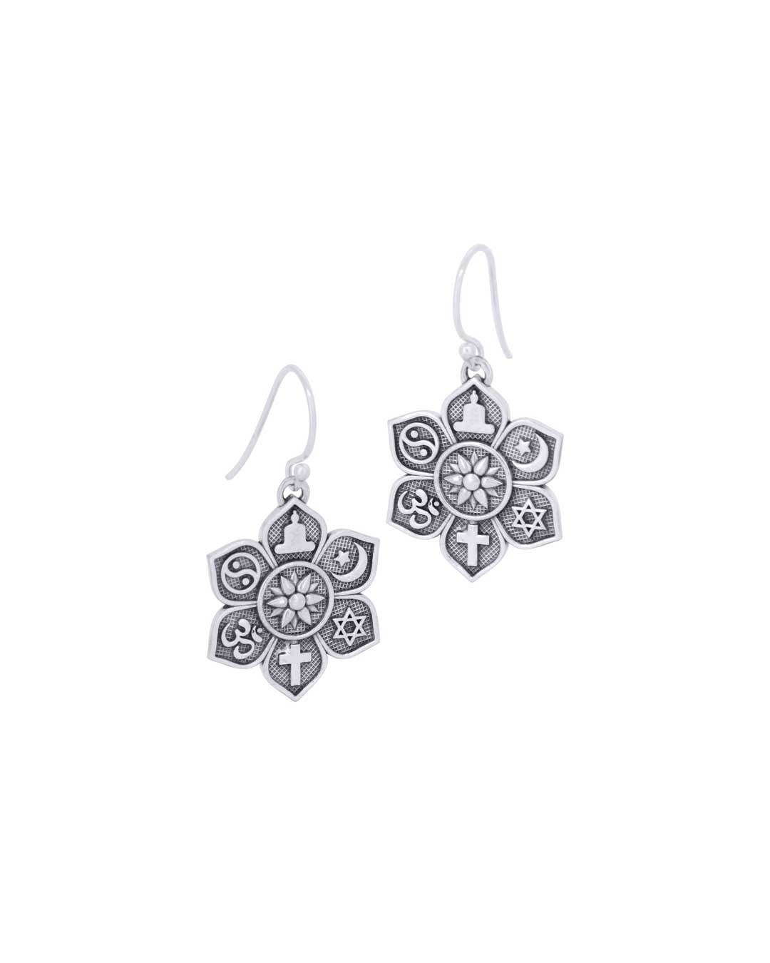 Sterling Silver Coexist Harmony Earrings – Lotus Design with Spiritual Symbols and “Together as One” Engraving - Earrings