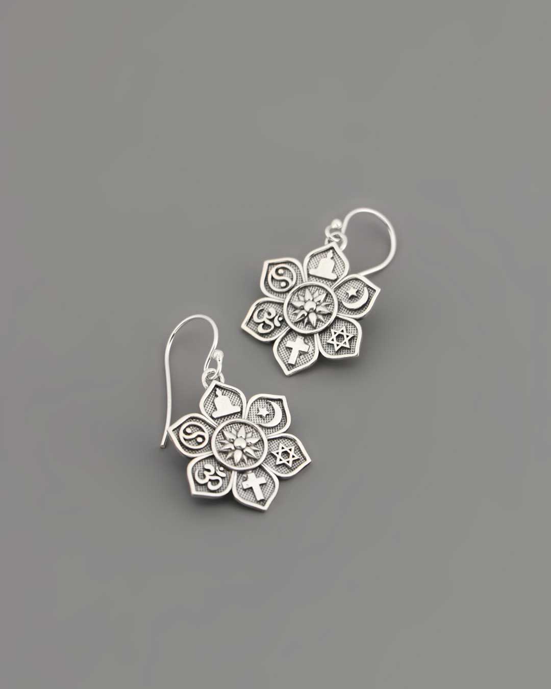 Sterling Silver Coexist Harmony Earrings – Lotus Design with Spiritual Symbols and “Together as One” Engraving - Earrings