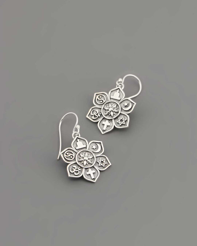 Sterling Silver Coexist Harmony Earrings – Lotus Design with Spiritual Symbols and “Together as One” Engraving - Earrings