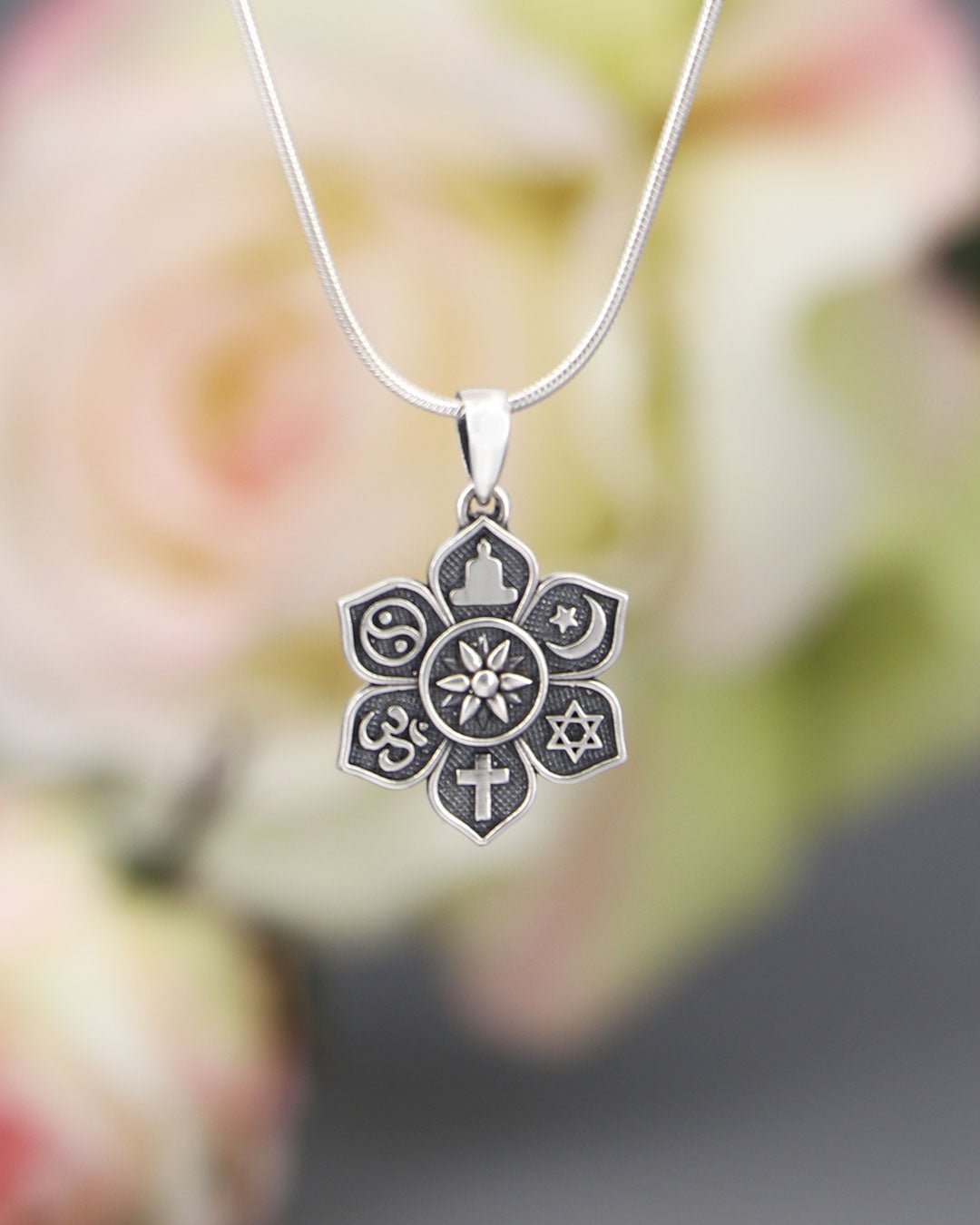 Coexist Harmony Pendant – Sterling Silver Lotus with Interfaith Coexist Harmony Pendant – Sterling Silver Lotus with Interfaith