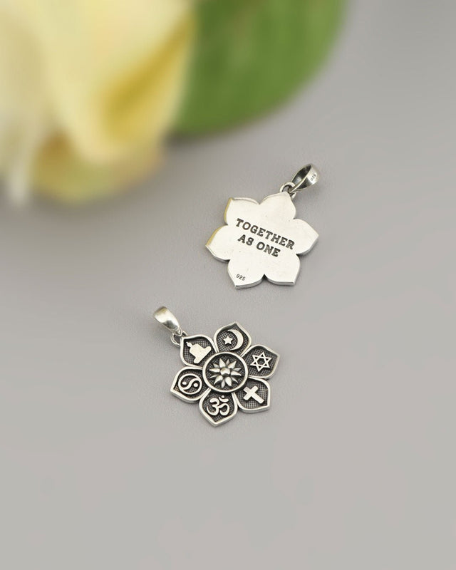 Sterling Silver Coexist Harmony Pendant – Lotus Design with Spiritual Symbols of Unity - Charms & Pendants