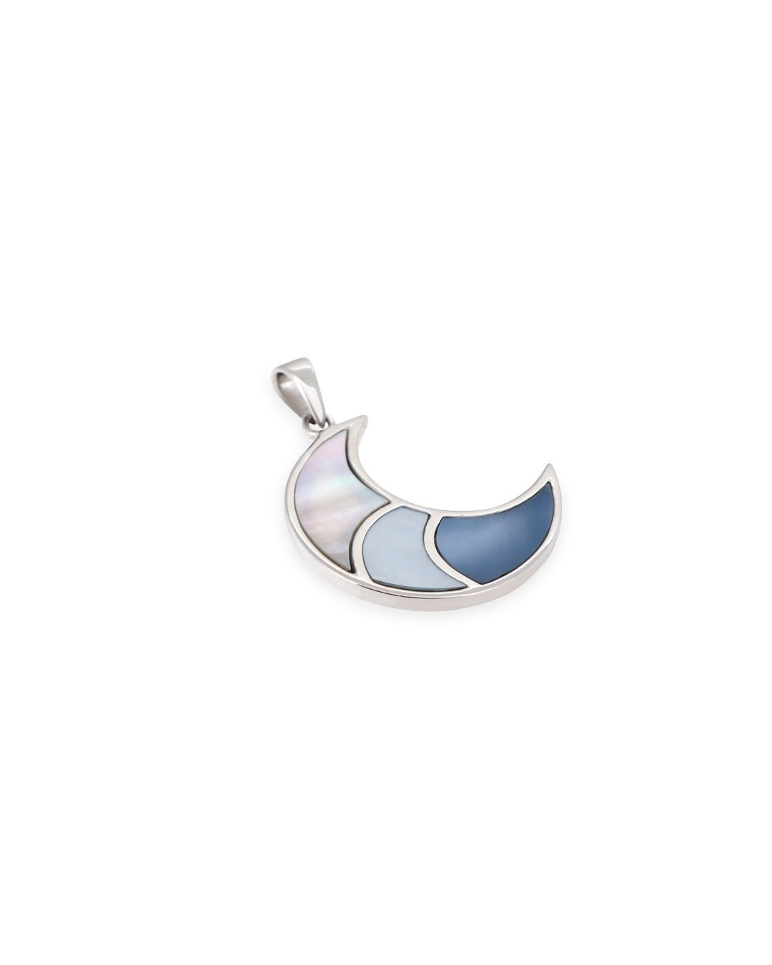 Sterling Silver Crescent Moon & Ocean Pendant – Three - Tone Mother of Pearl Inlay, Rhodium - Plated - Pendant
