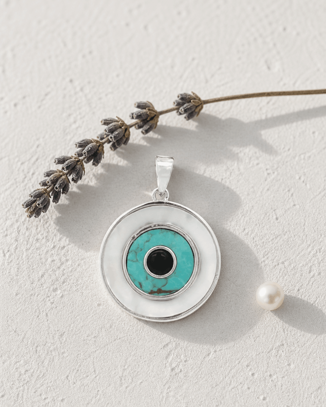 Sterling Silver Evil Eye Inlay Pendant – Turquoise, Mother of Pearl, and Onyx - Pendant