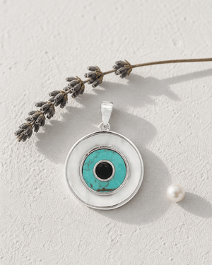 Sterling Silver Evil Eye Inlay Pendant – Turquoise, Mother of Pearl, and Onyx - Pendant
