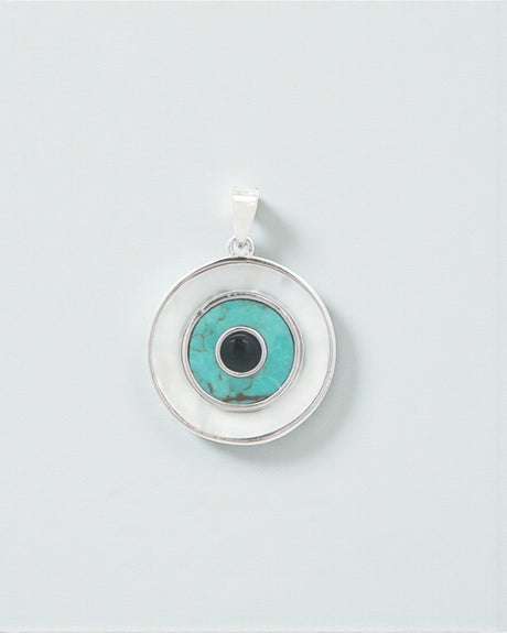 Sterling Silver Evil Eye Inlay Pendant – Turquoise, Mother of Pearl, and Onyx - Pendant