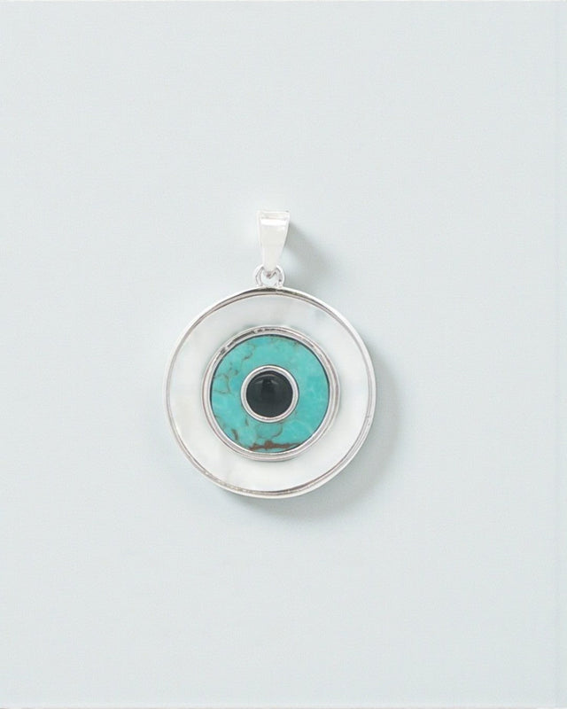 Sterling Silver Evil Eye Inlay Pendant – Turquoise, Mother of Pearl, and Onyx - Pendant