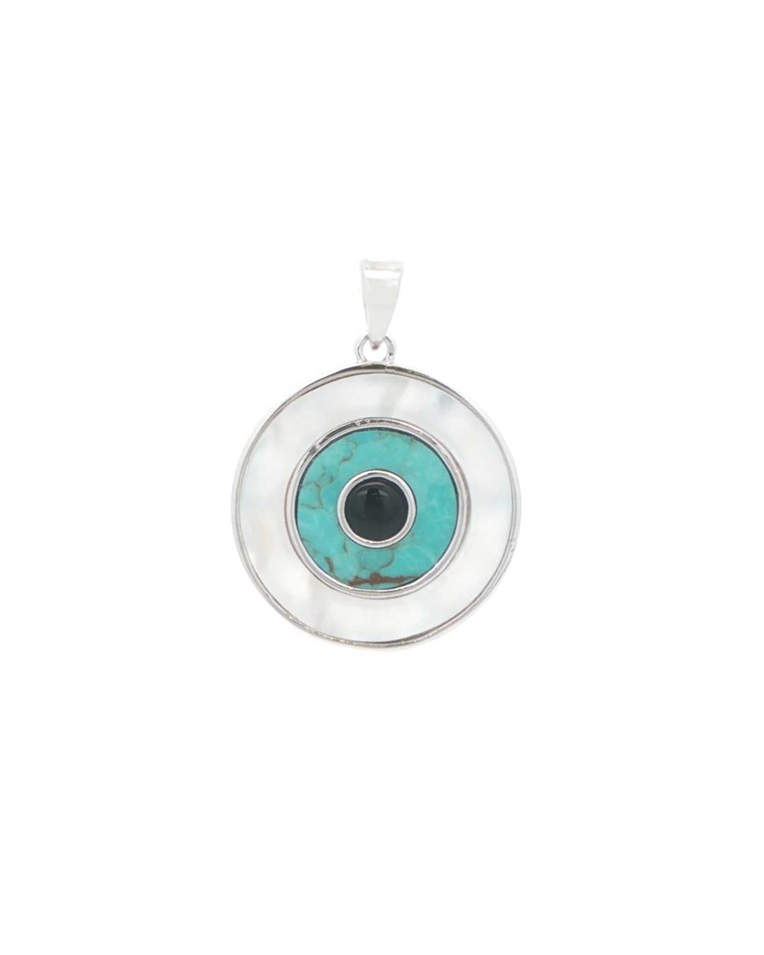 Sterling Silver Evil Eye Inlay Pendant – Turquoise, Mother of Pearl, and Onyx - Pendant
