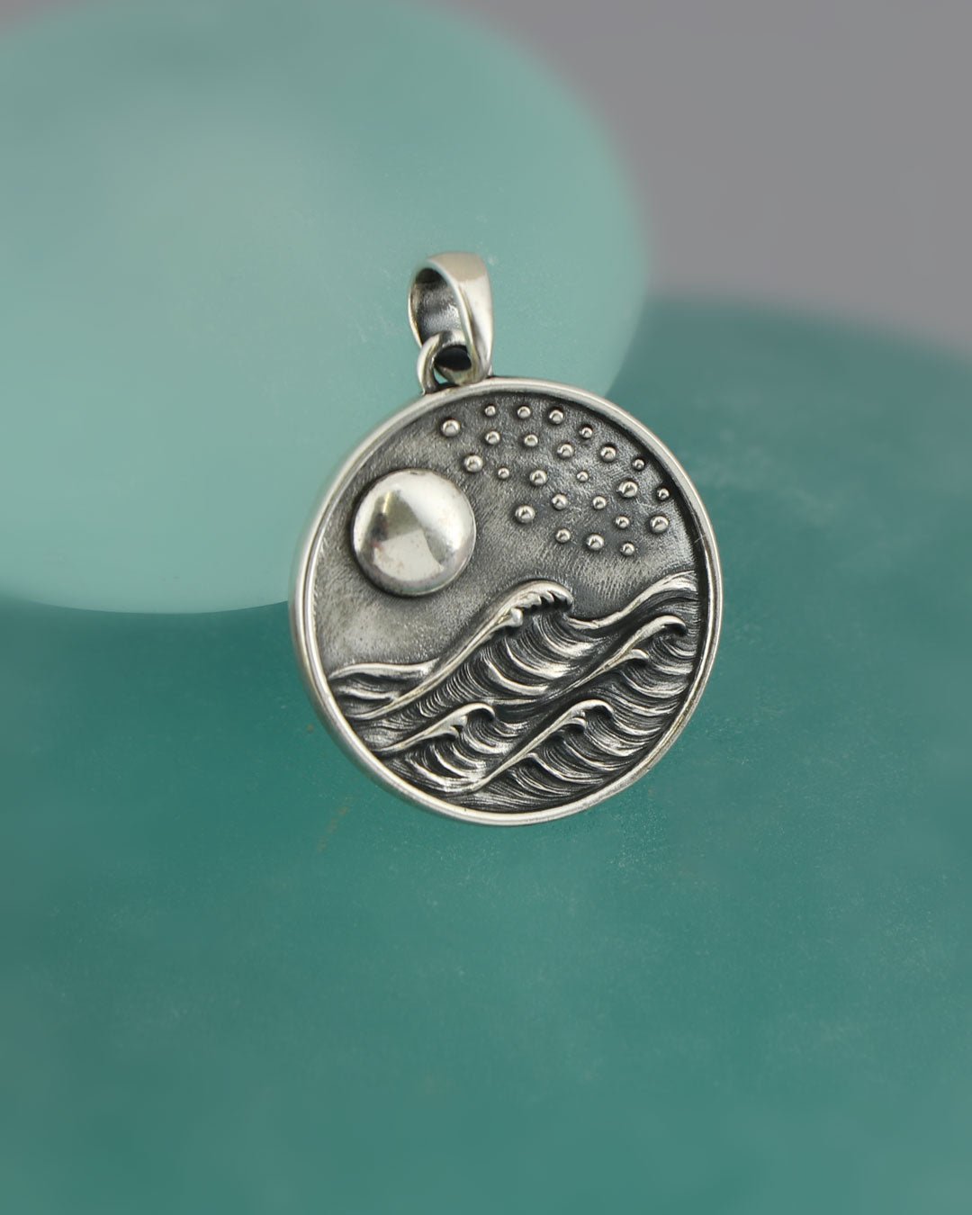 Sterling Silver Full Moon and Waves Pendant – Ocean - Inspired Pendant - Pendant
