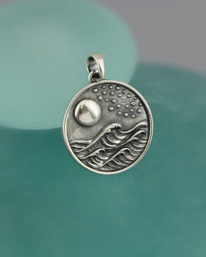 Sterling Silver Full Moon and Waves Pendant – Ocean - Inspired Pendant - Pendant