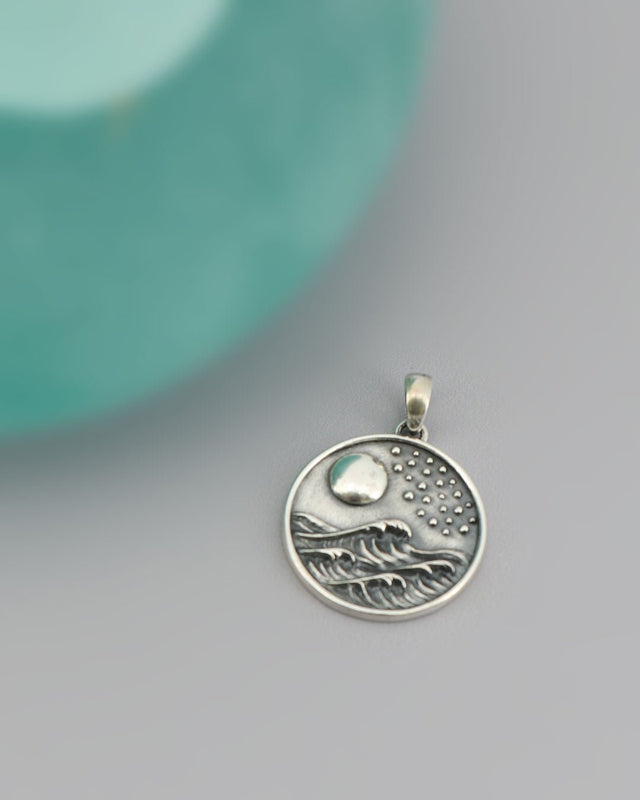 Sterling Silver Full Moon and Waves Pendant – Ocean - Inspired Pendant - Pendant
