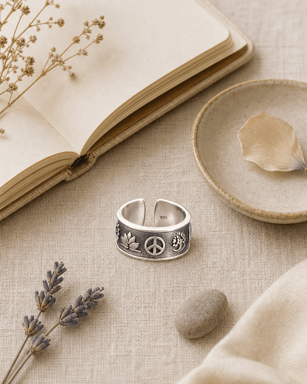 Sterling Silver Intention Symbol Ring – Adjustable Band with Lotus, Tree of Life, Yin Yang - Rings