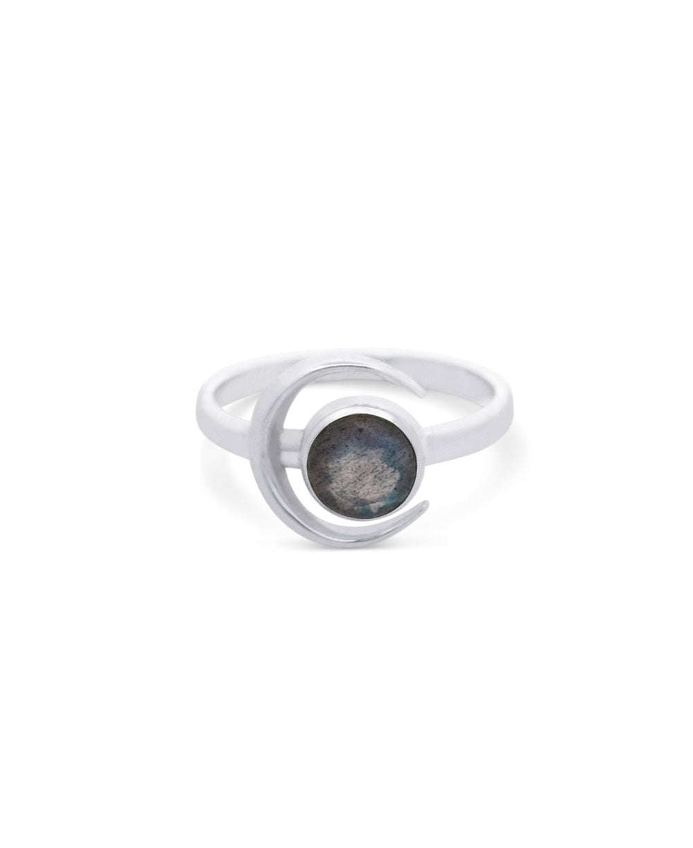 Sterling Silver Labradorite Gemstone Ring with Crescent Moon Design - Rings 6