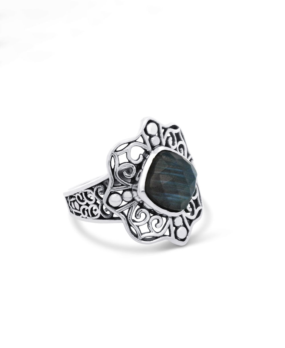 Sterling Silver Labradorite Ring with Lotus Mandala Design - Rings 6