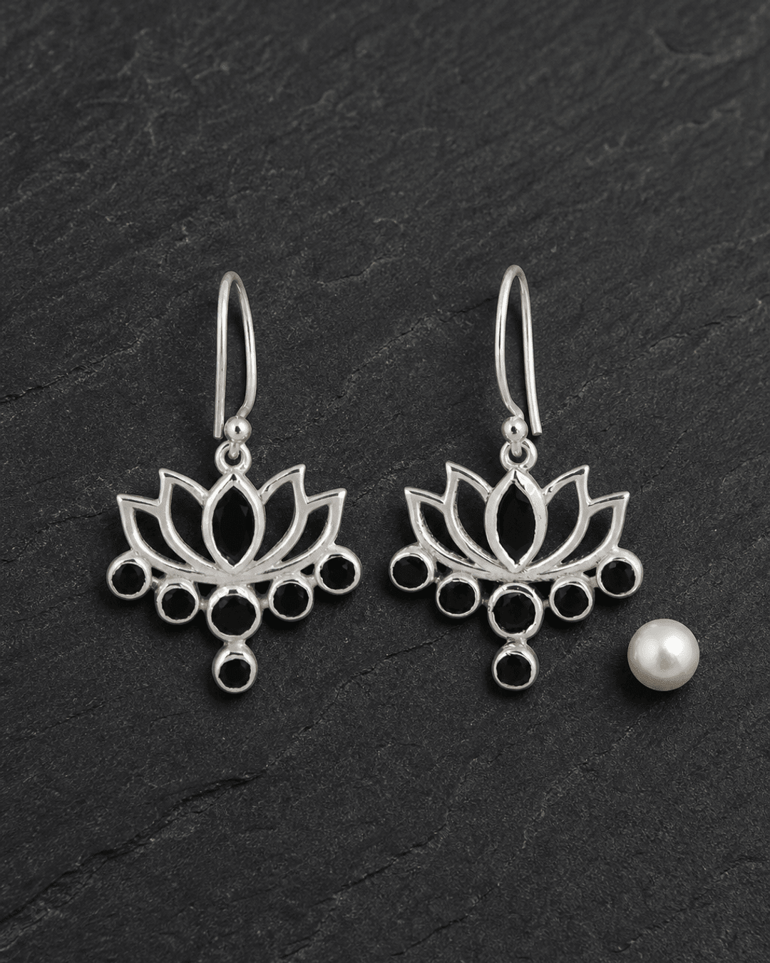 Sterling Silver Lotus Black Onyx Earrings - Earrings