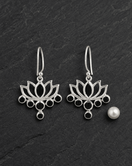 Sterling Silver Lotus Black Onyx Earrings - Earrings