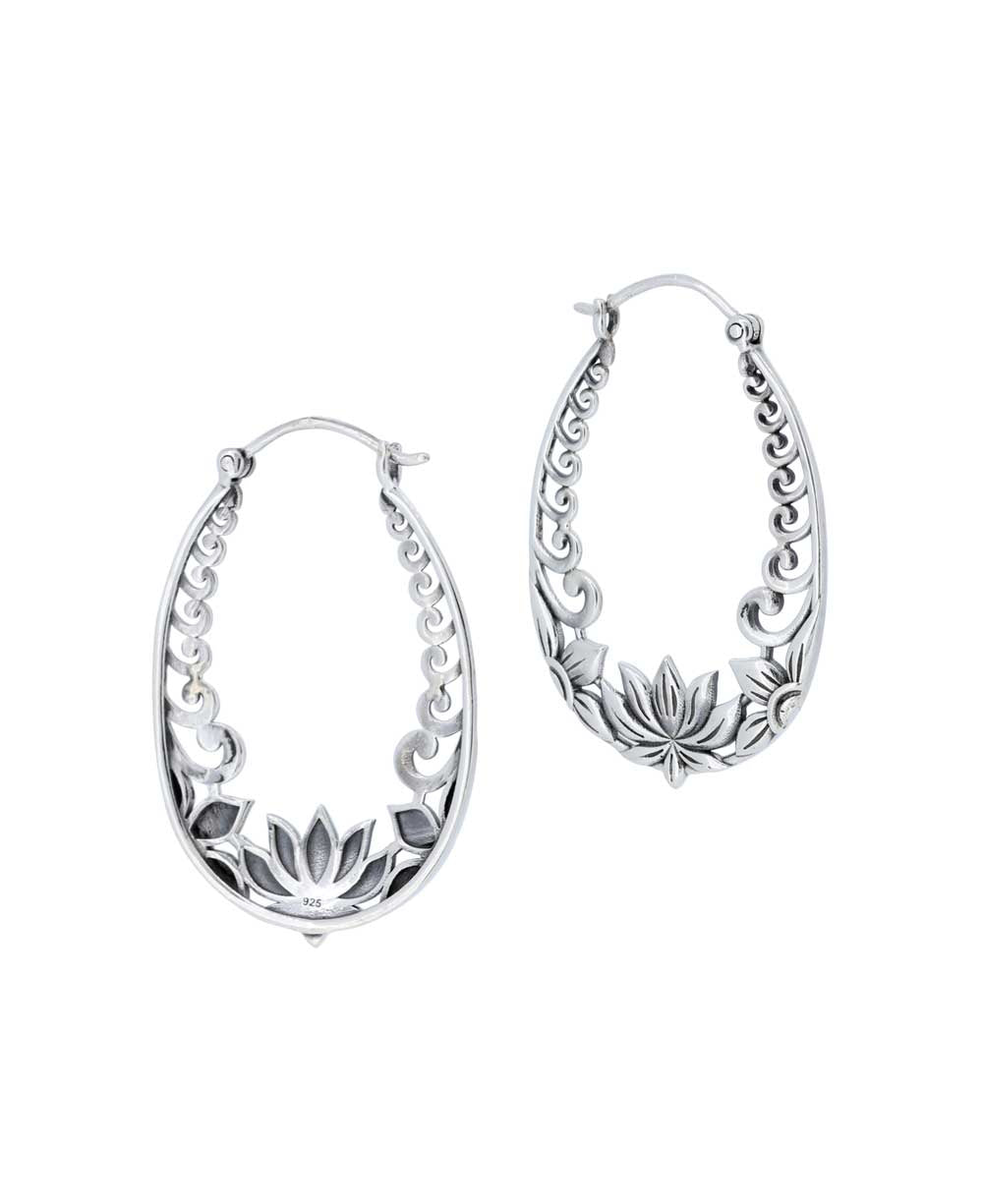 Sterling Silver Lotus Design Hoop Earrings - Earrings