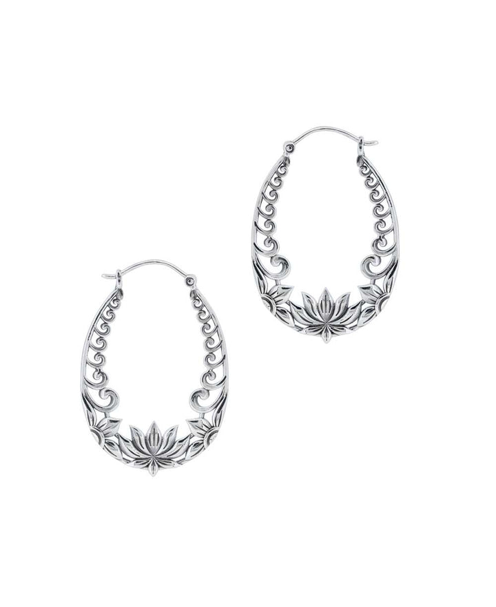 Sterling Silver Lotus Design Hoop Earrings - Earrings